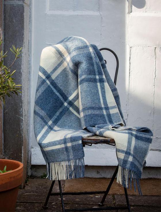 Aran Cashmere Irish Wool Picnic Throw - Natural Denim & Blue