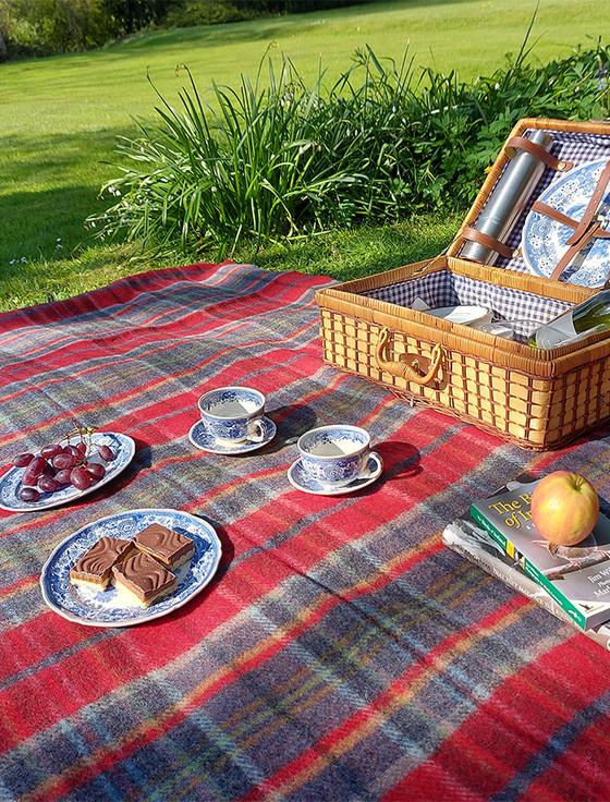 Aran Cashmere Irish Wool Picnic Throw - Orange Red & Blue