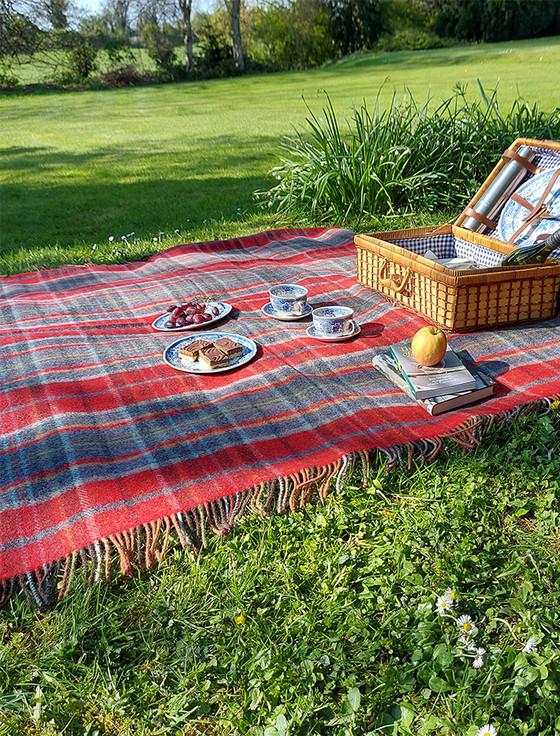 Aran Cashmere Irish Wool Picnic Throw - Orange Red & Blue
