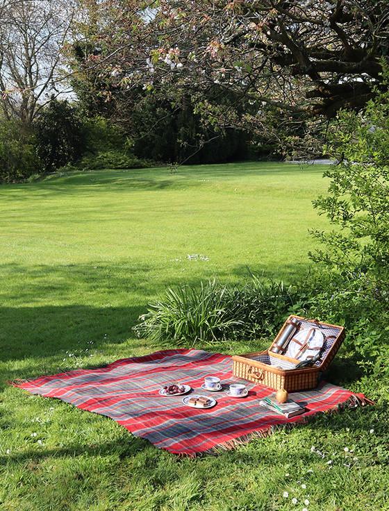 Aran Cashmere Irish Wool Picnic Throw - Orange Red & Blue