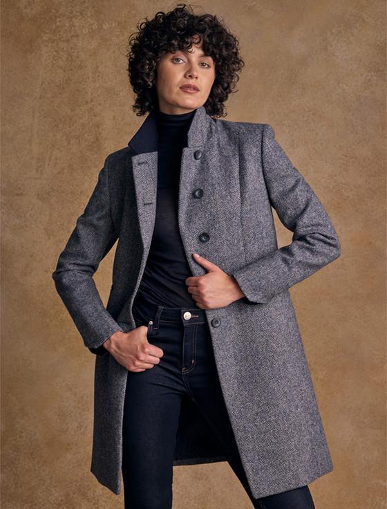 Aran Cashmere Isabella Tweed Coat - Denim Herringbone