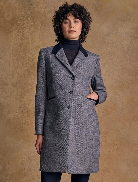 aran cashmere Isabella Tweed Coat - Denim Herringbone