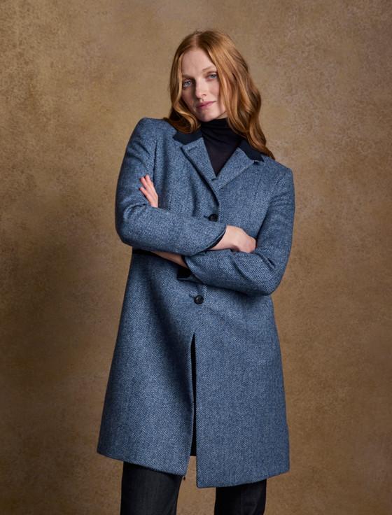 Aran Cashmere Isabella Tweed Coat - Light Blue Herringbone