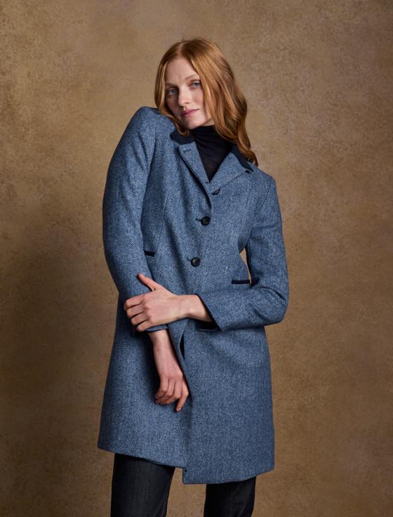 Aran Cashmere Isabella Tweed Coat - Light Blue Herringbone