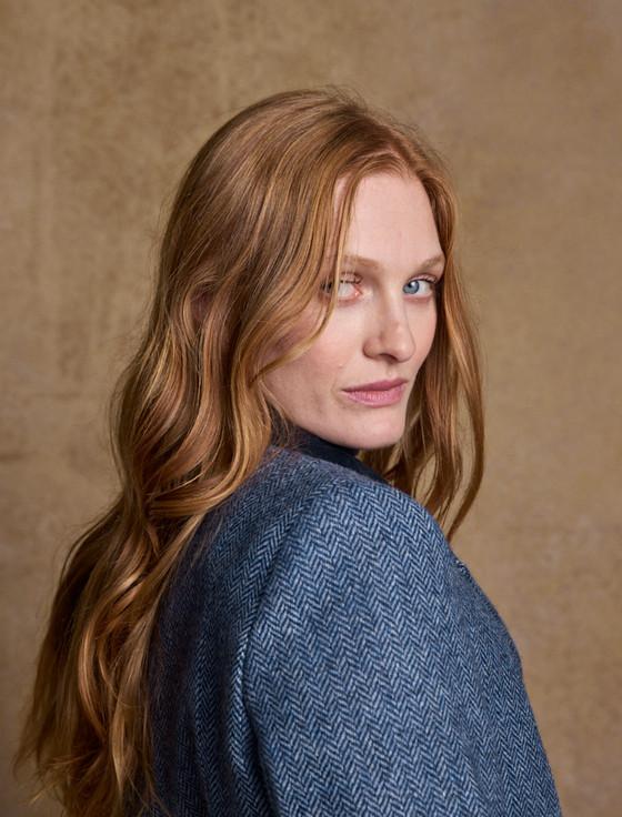 Aran Cashmere Isabella Tweed Coat - Light Blue Herringbone