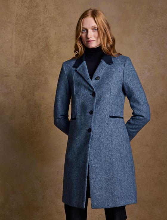aran cashmere Isabella Tweed Coat - Light Blue Herringbone