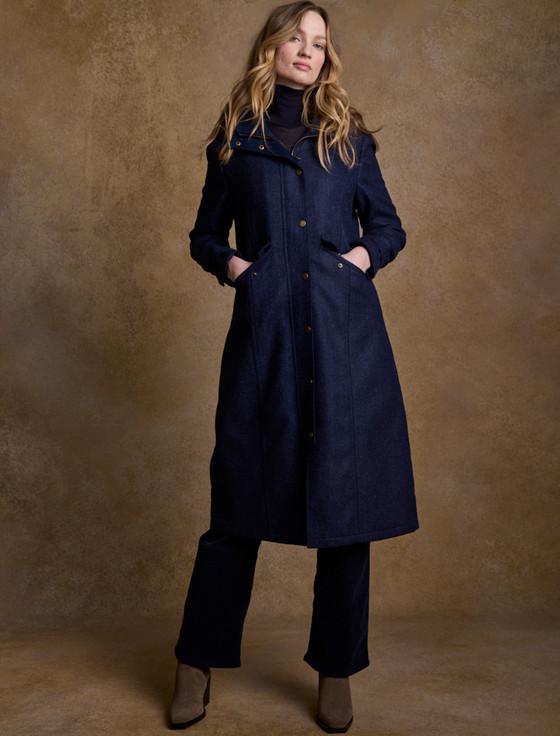 Aran Cashmere Julia Long Tweed Coat - Navy Herringbone