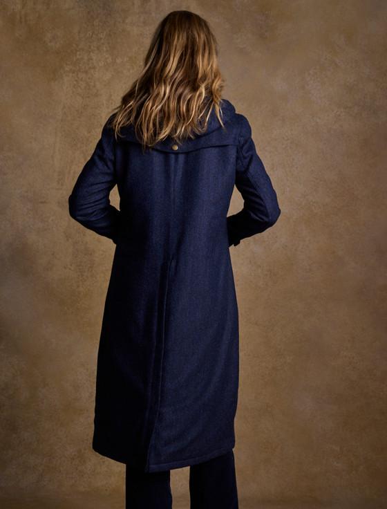 Aran Cashmere Julia Long Tweed Coat - Navy Herringbone