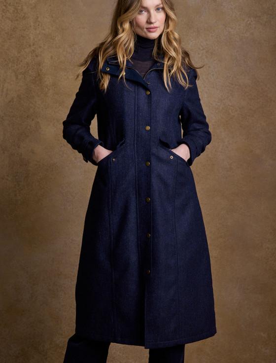aran cashmere Julia Long Tweed Coat - Navy Herringbone