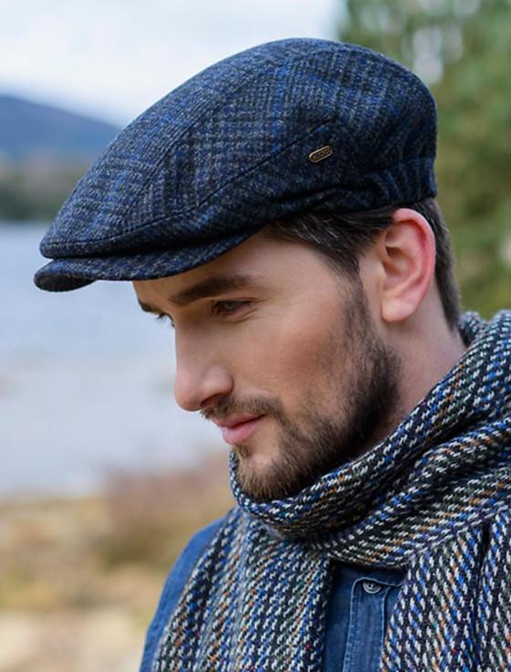 aran cashmere Kerry Tweed Flat Cap - Charcoal with Blue