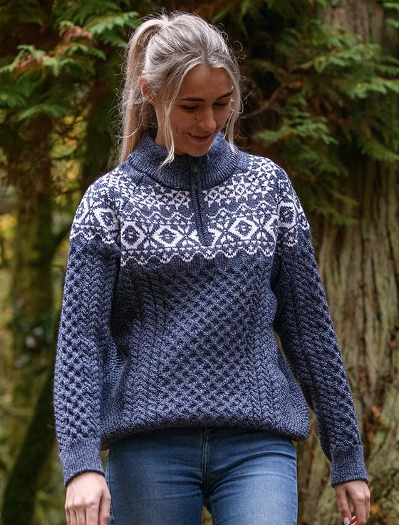 aran cashmere ‎Ladies Aran Half-Zip Jacquard Sweater‎