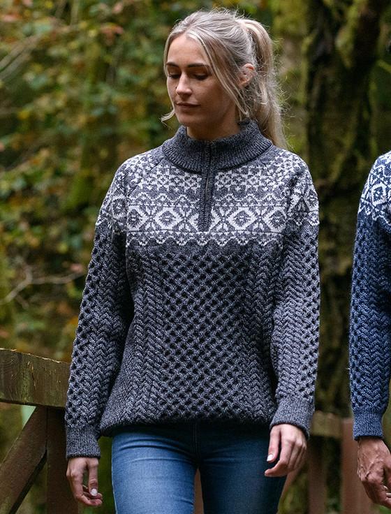Aran Cashmere ‎Ladies Aran Half-Zip Jacquard Sweater