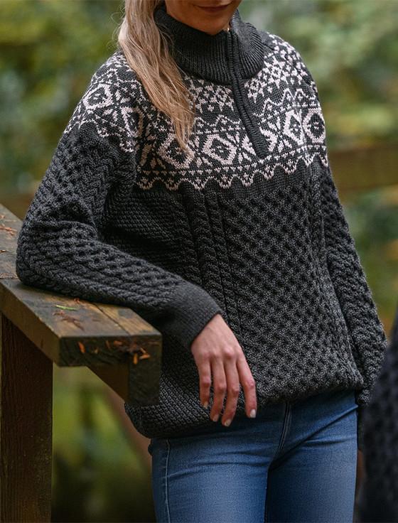 aran cashmere ‎Ladies Aran Half-Zip Jacquard Sweater