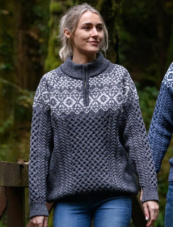 aran cashmere Ladies Aran Half-Zip Jacquard Sweater