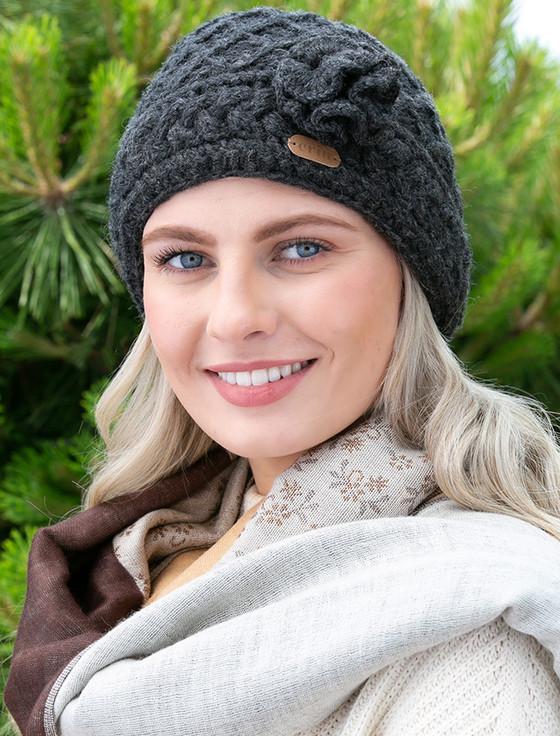 Aran Cashmere Ladies Aran Trellis Pull-on Hat With Flower