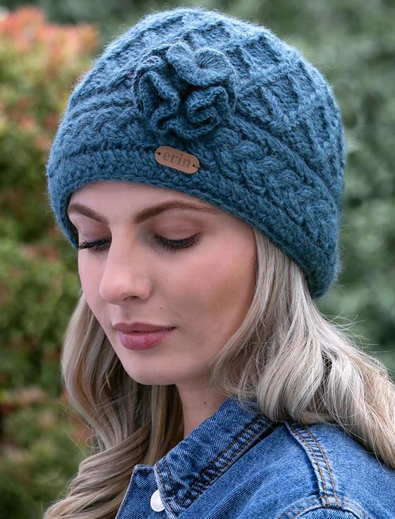 aran cashmere Ladies Aran Trellis Pull-on Hat With Flower