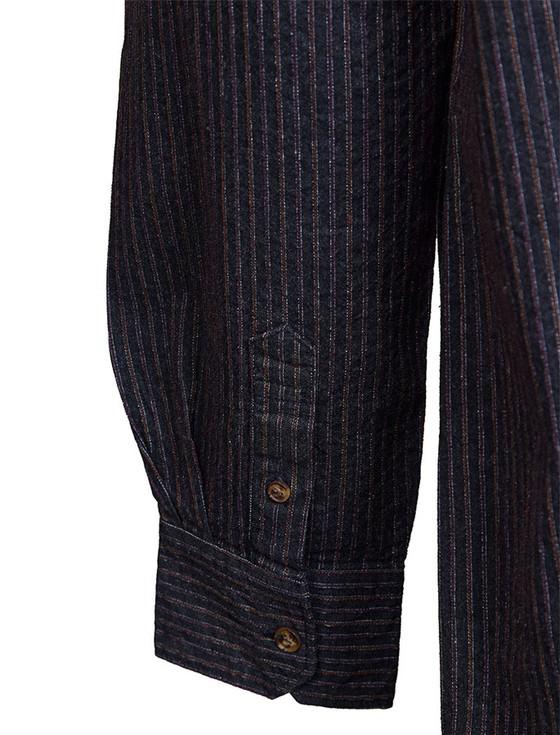 Aran Cashmere Ladies Comfort Cotton Grandfather Shirt - Black With Burgundy Stripes