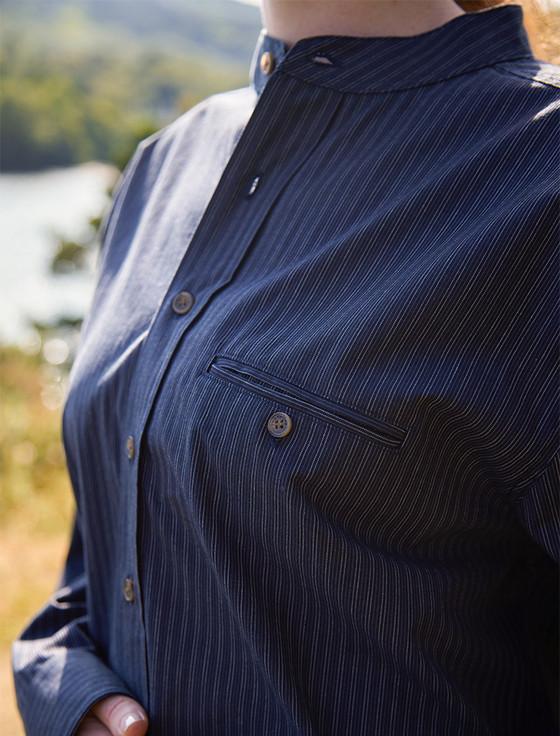 Aran Cashmere Ladies Comfort Cotton Grandfather Shirt - Navy & White Stripe