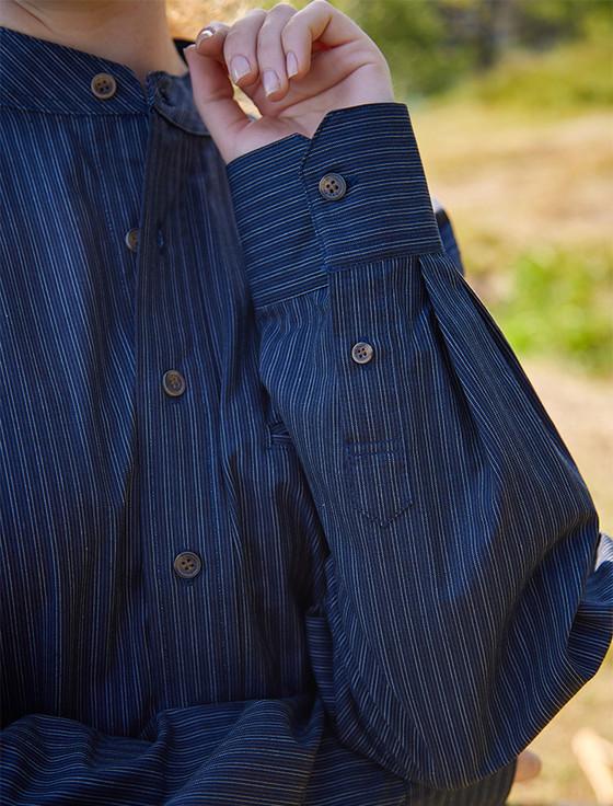 Aran Cashmere Ladies Comfort Cotton Grandfather Shirt - Navy & White Stripe