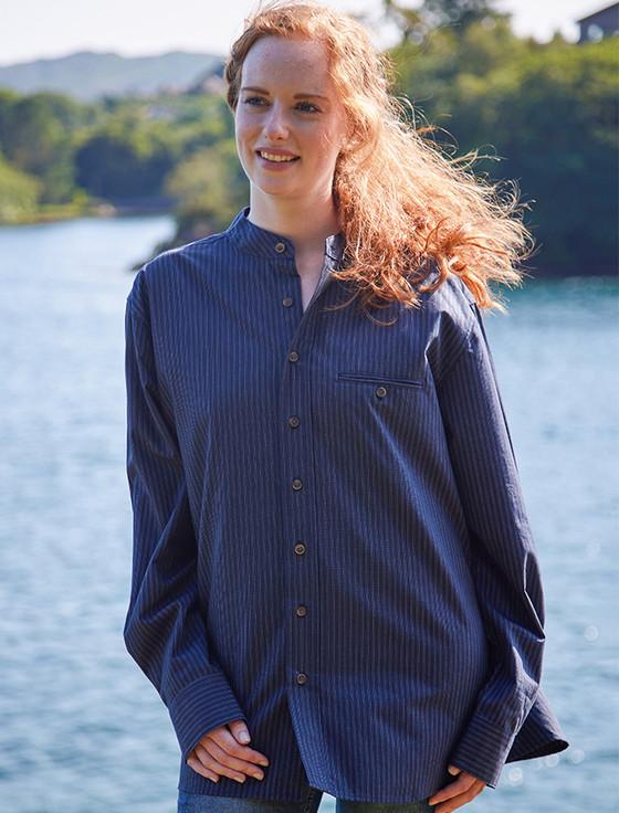 aran cashmere Ladies Comfort Cotton Grandfather Shirt - Navy & White Stripe