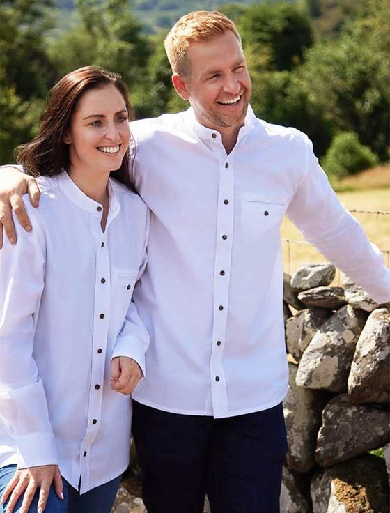 Aran Cashmere Ladies Comfort Cotton Grandfather Shirt - Optic White