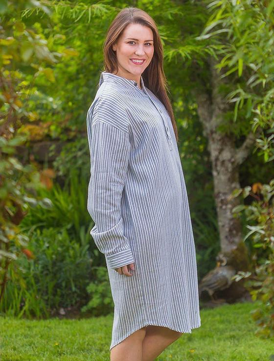 Aran Cashmere Ladies Cotton Flannel Nightshirt - Blue Stripe