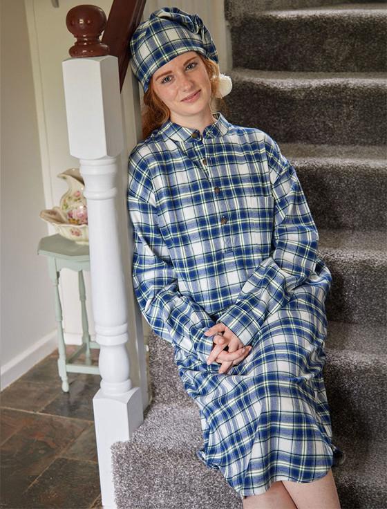 aran cashmere Ladies Cotton Flannel Nightshirt - Douglas Blue Tartan