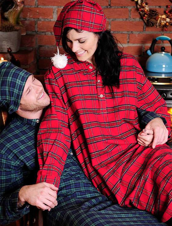 aran cashmere Ladies Cotton Flannel Nightshirt - Red Tartan