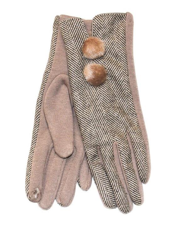 aran cashmere Ladies Double Pom Pom Gloves - Camel Herringbone