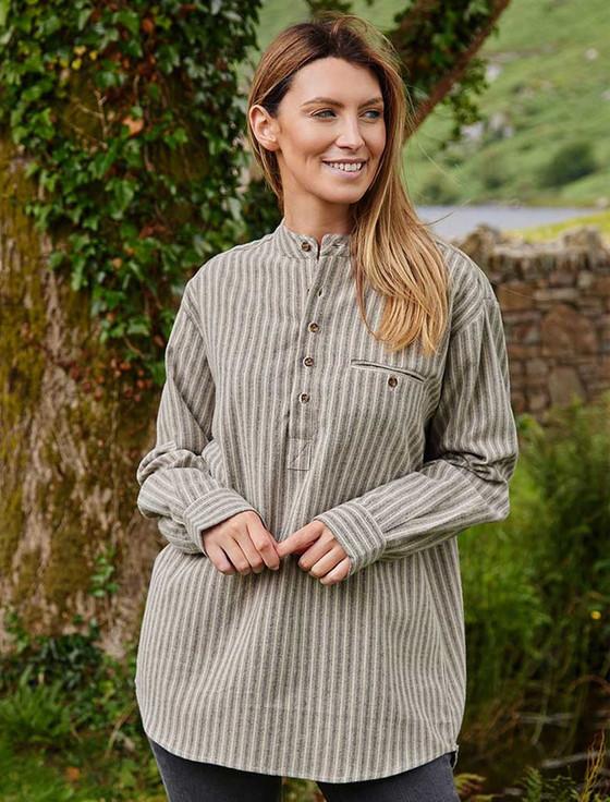 Aran Cashmere Ladies Flannel Grandfather Shirt - Beige Green Maroon Stripe