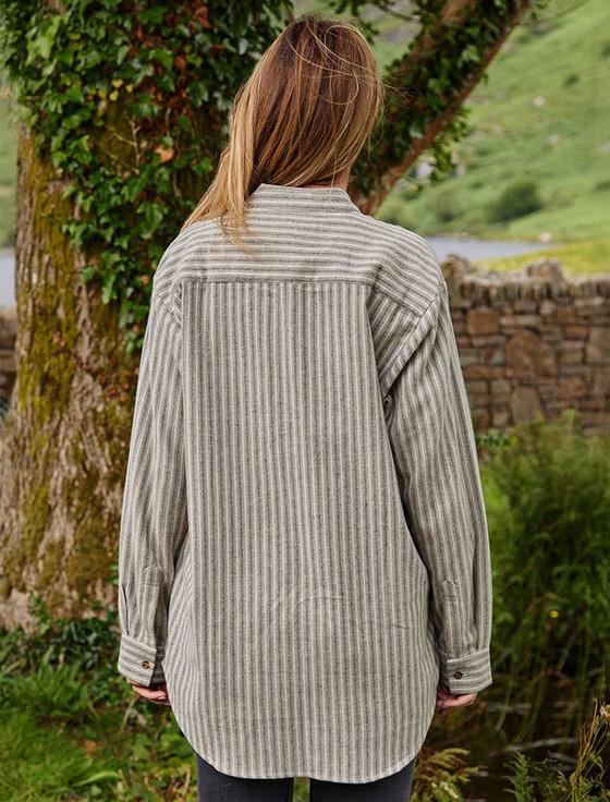 Aran Cashmere Ladies Flannel Grandfather Shirt - Beige Green Maroon Stripe