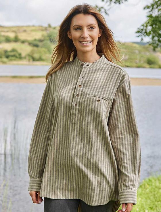 aran cashmere Ladies Flannel Grandfather Shirt - Beige Green Maroon Stripe