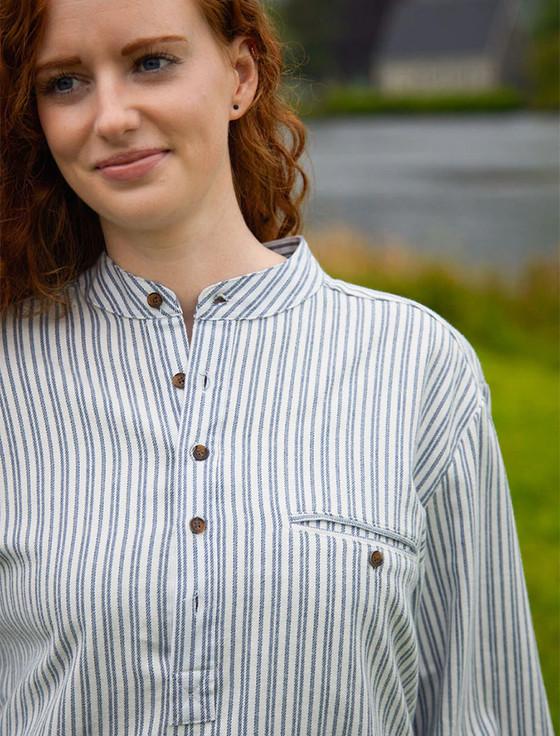 Aran Cashmere Ladies Flannel Grandfather Shirt - Blue Stripe