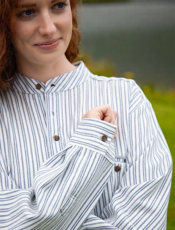 Aran Cashmere Ladies Flannel Grandfather Shirt - Blue Stripe