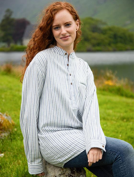 aran cashmere Ladies Flannel Grandfather Shirt - Blue Stripe