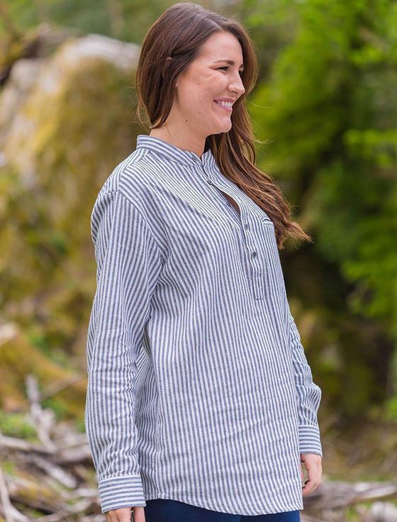 Aran Cashmere Ladies Flannel Grandfather Shirt - Navy Stripe