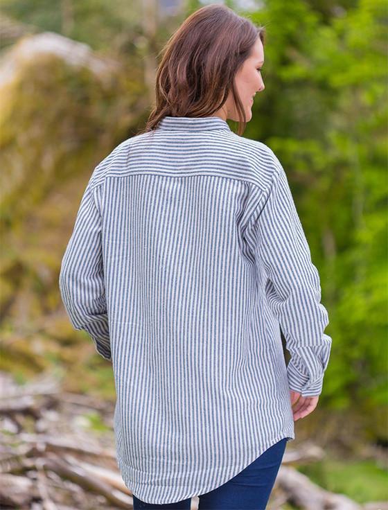 Aran Cashmere Ladies Flannel Grandfather Shirt - Navy Stripe