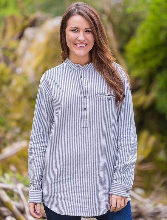 aran cashmere Ladies Flannel Grandfather Shirt - Navy Stripe