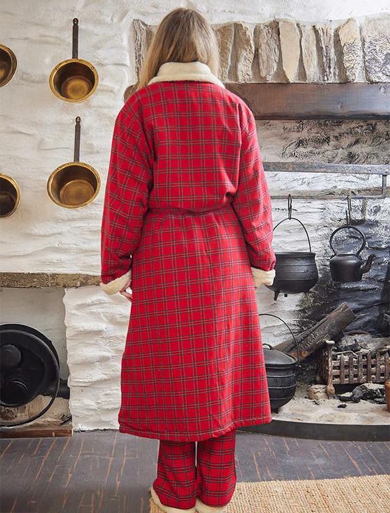 Aran Cashmere Ladies Fleece Lined Flannel Nightrobe - Red Tartan