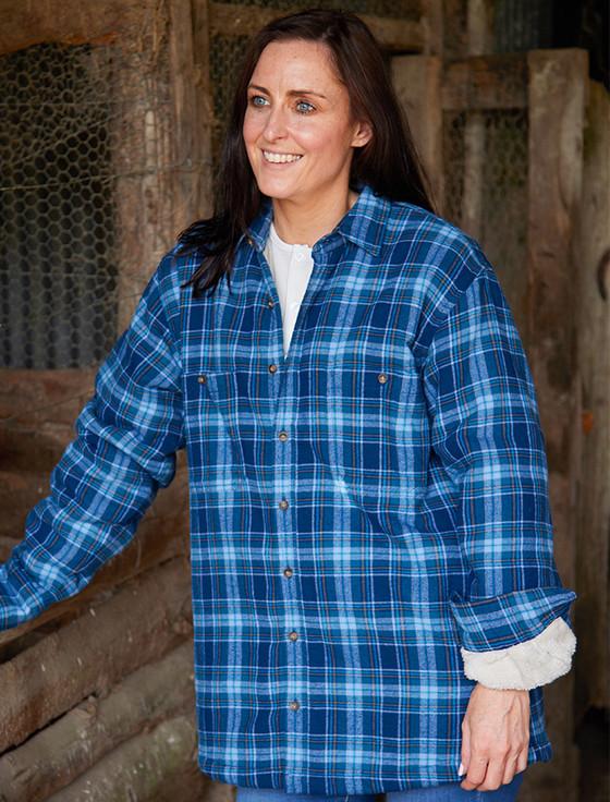 aran cashmere Ladies Fleece Lined Flannel Shirt - Blue Navy Tartan