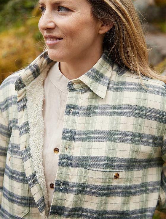 Aran Cashmere Ladies Fleece Lined Flannel Shirt - Ecru Green & Navy Check