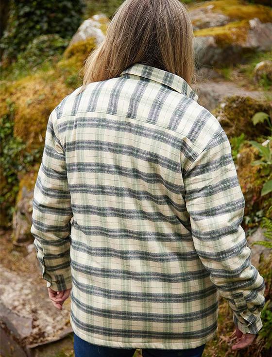 Aran Cashmere Ladies Fleece Lined Flannel Shirt - Ecru Green & Navy Check
