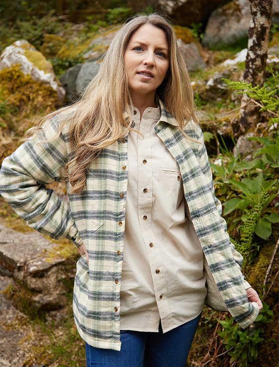 aran cashmere Ladies Fleece Lined Flannel Shirt - Ecru Green & Navy Check