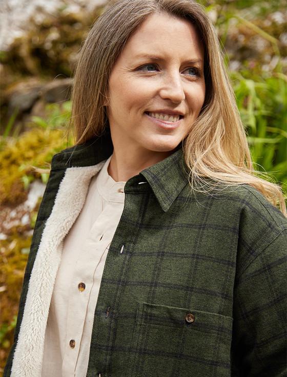 Aran Cashmere Ladies Fleece Lined Flannel Shirt - Forest Green & Black Check