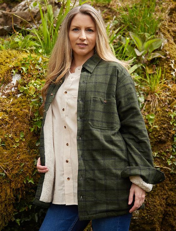 aran cashmere Ladies Fleece Lined Flannel Shirt - Forest Green & Black Check