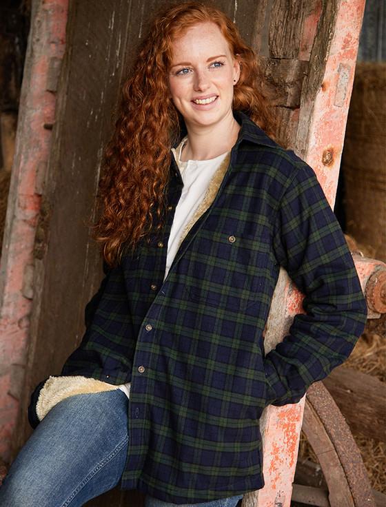 aran cashmere Ladies Fleece Lined Flannel Shirt - Green Blackwatch Tartan