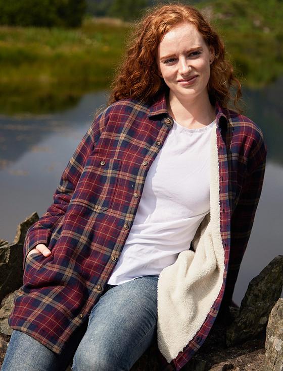 aran cashmere Ladies Fleece Lined Flannel Shirt - Maroon & Navy Check