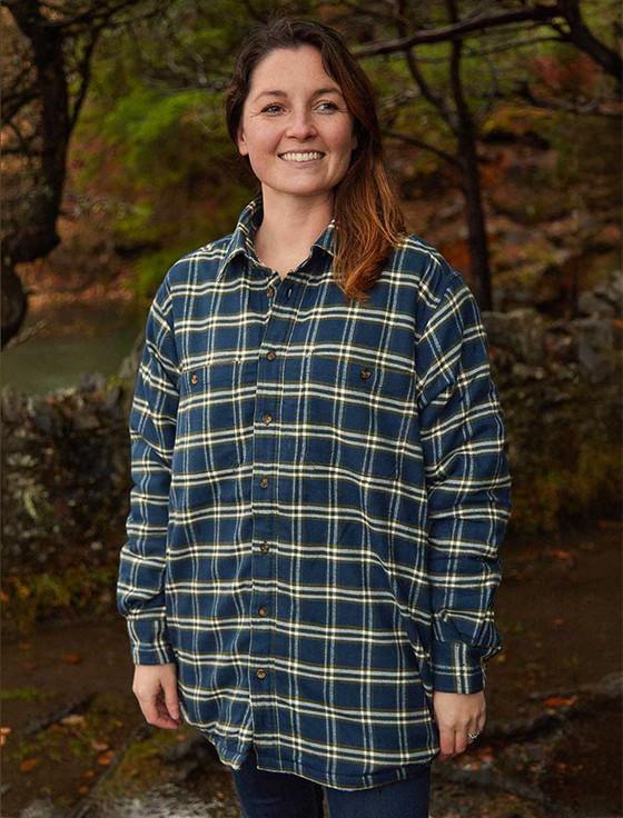 aran cashmere Ladies Fleece Lined Flannel Shirt - Navy & Green Check
