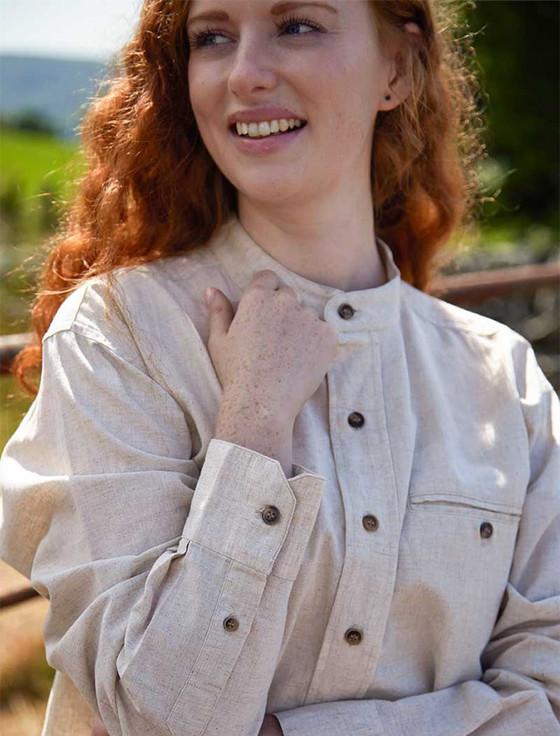 Aran Cashmere Ladies Irish Linen Grandfather Shirt - Natural Marl