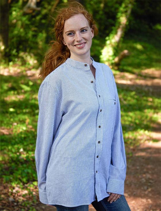 Aran Cashmere Ladies Irish Linen Grandfather Shirt - Navy & White Stripe